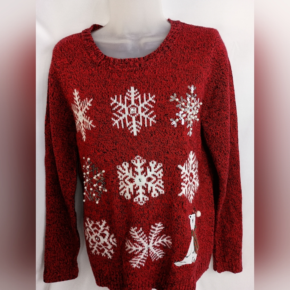 Christmas‎ Holiday Red Snowflake Women's Soft Cozy Winter Knit Sweater (#748)